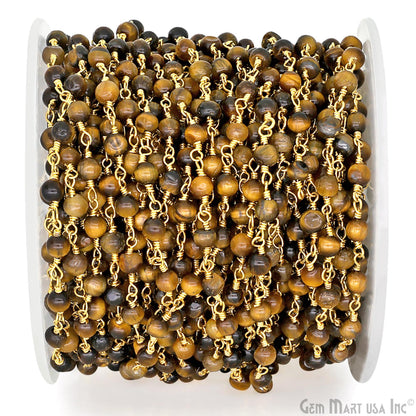 Tiger Eye Beads 4mm Gold Wire Wrapped Rosary Chain