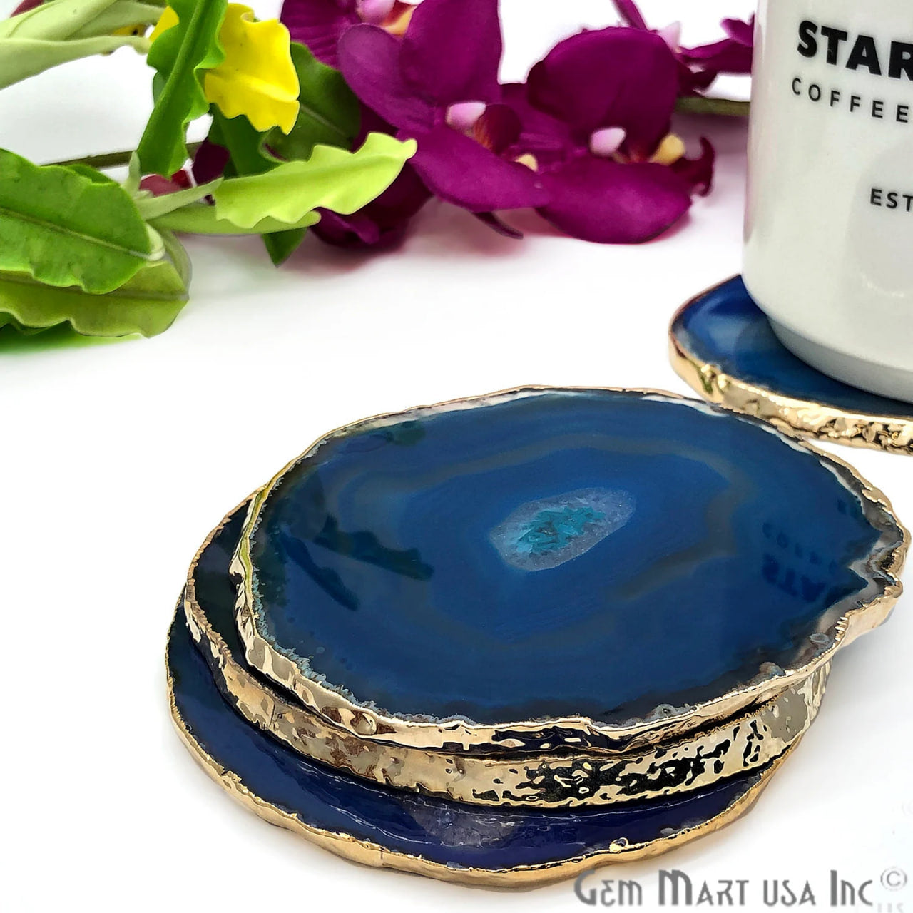 Blue Agate Slice Coaster, Natural Gemstone Coaster, Rock & Crystal Coaster, Organic/Silver/Gold Plated Drinkware