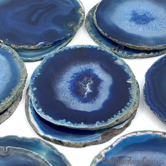 Blue Agate Slice Coaster, Natural Gemstone Coaster, Rock & Crystal Coaster, Organic/Silver/Gold Plated Drinkware