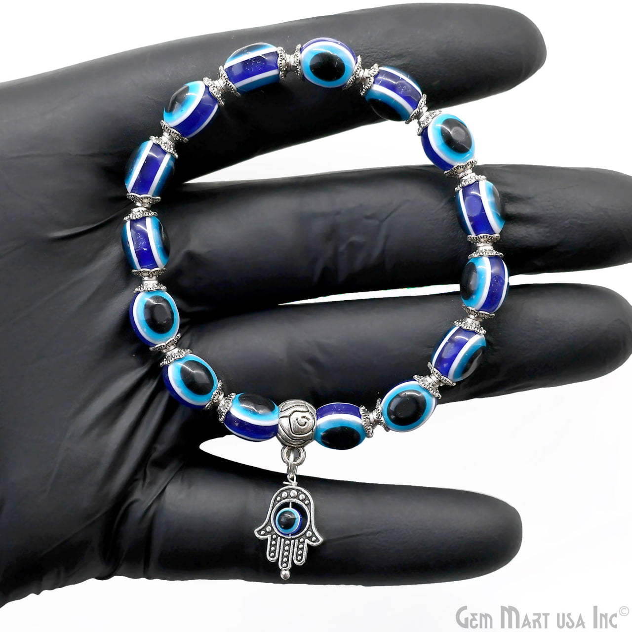 Turkish Evil Eye Beaded Bracelet with Hamsa Hand, Stretchy, Unisex, Adjustable Protection Talisman, 7 inch,