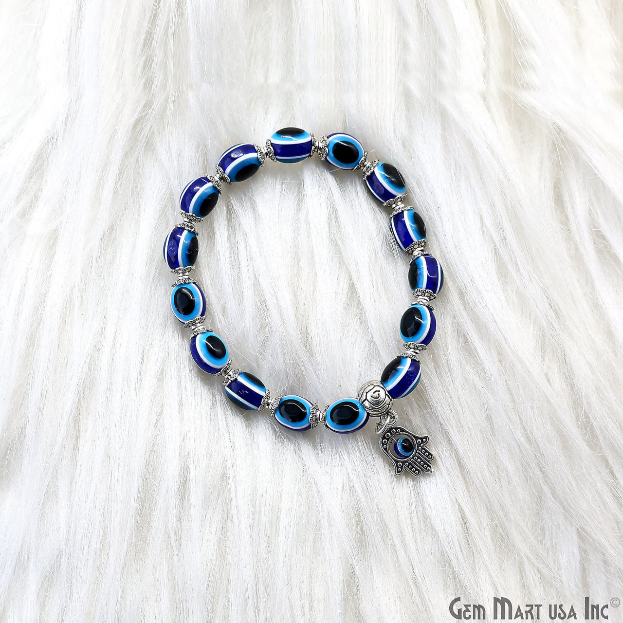 Turkish Evil Eye Beaded Bracelet with Hamsa Hand, Stretchy, Unisex, Adjustable Protection Talisman, 7 inch,