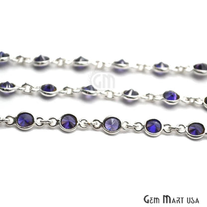 Blue Zircon 4mm Round Silver Plated Rosary Chain