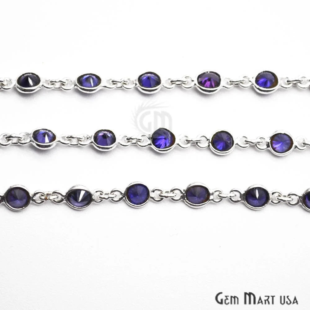 Blue Zircon 4mm Round Silver Plated Rosary Chain