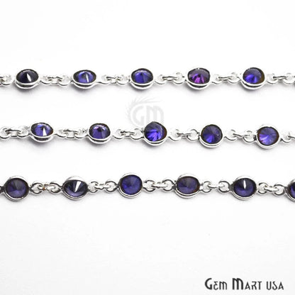 Blue Zircon 4mm Round Silver Plated Rosary Chain