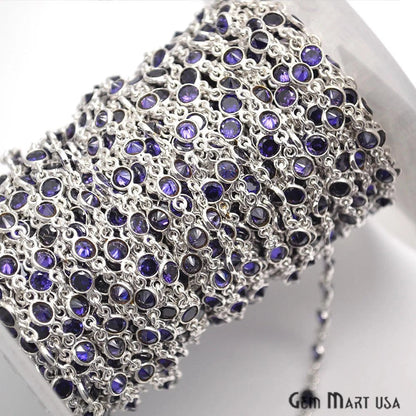 Blue Zircon 4mm Round Silver Plated Rosary Chain