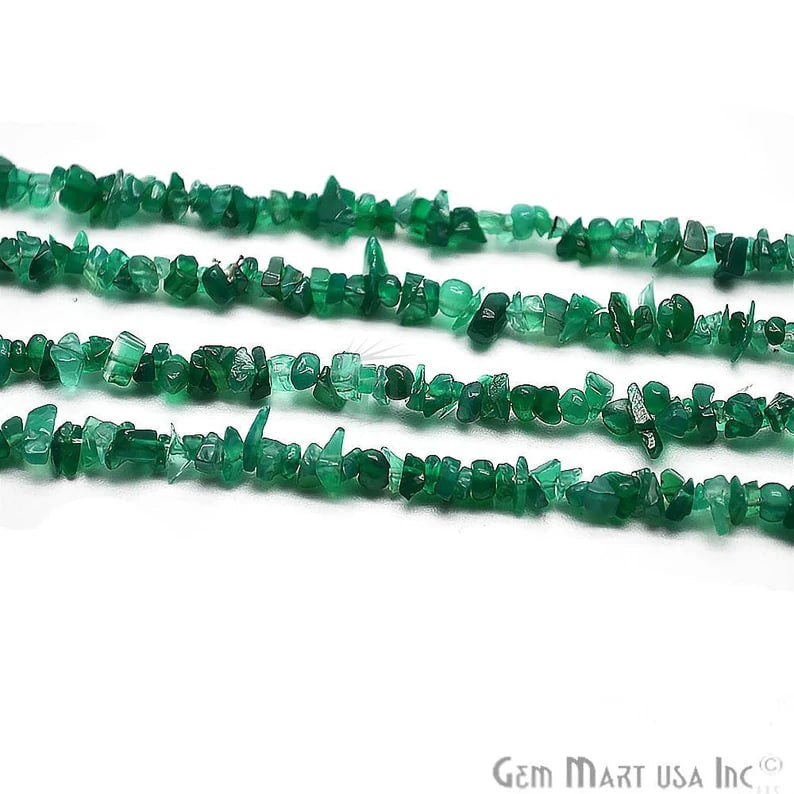 Green Onyx Chip Beads, 34 Inch, Natural Chip Strands, Drilled Strung Nugget Beads, 3-7mm, Polished, GemmartUSA (CHGO-70001)