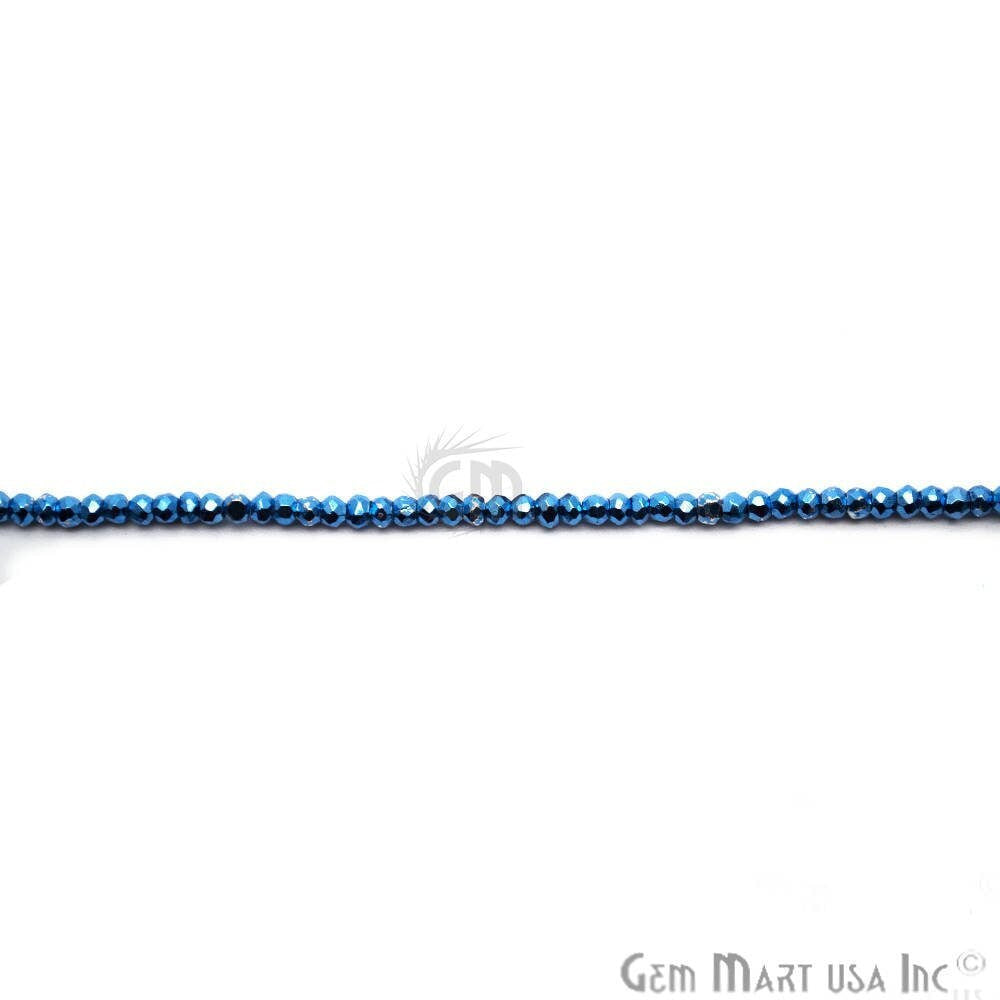 Sky Blue Pyrite Rondelle Beads, 12.5 Inch Gemstone Strands, Drilled Strung Nugget Beads, Faceted Round, 3-4mm