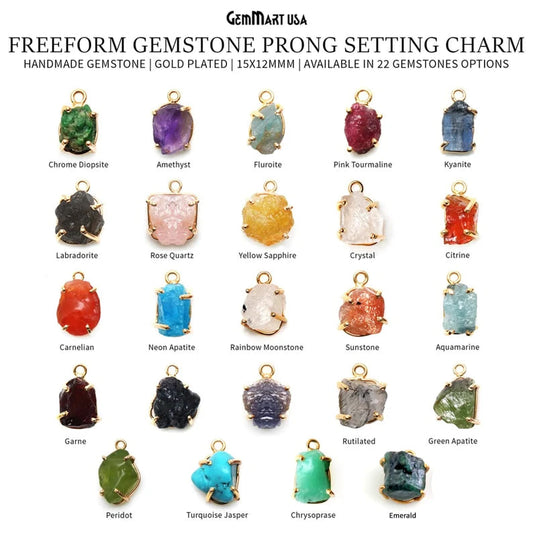 Rough Gemstone 15x12mm Gold Plated Bezel With Prong Setting Single Bail Connector