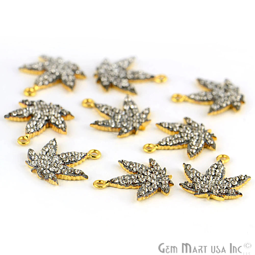 Cubic Zircon Pave 'Marijuana' Gold Vermeil Charm For Bracelet & Pendants