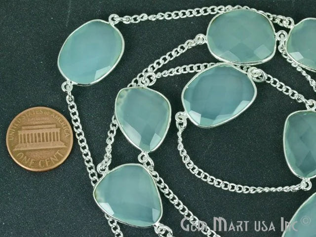 Aqua Chalcedony 15mm up Silver Plated Bezel Link Connector Chain