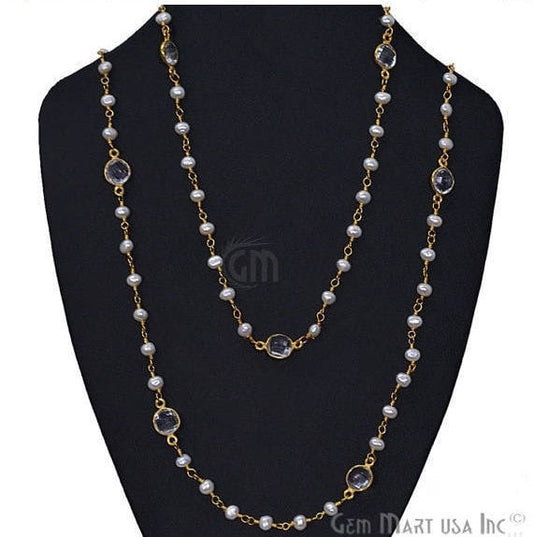 Pearl Necklace With Bezel Gold Wire Wrapped Rosary Chain Necklace