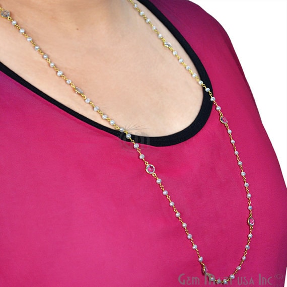 Freshwater Pearl Necklace With Crystal Chain, 30 Inch Gold Plated Beaded Finished Necklace Jewellery - GemMartUSA