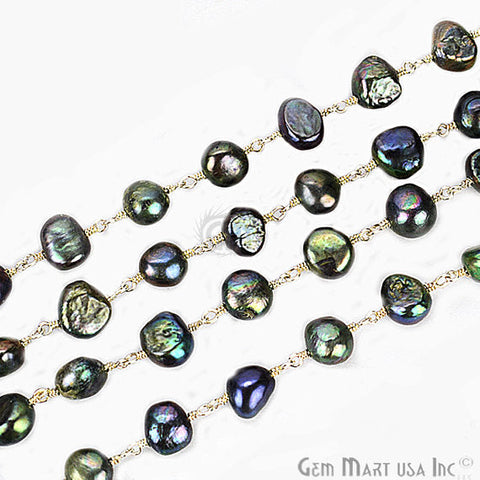 Black Freshwater Pearl 7-9mm Freeform Silver Plated Wire Wrapped Beads Rosary Chain - GemMartUSA (763955675183)