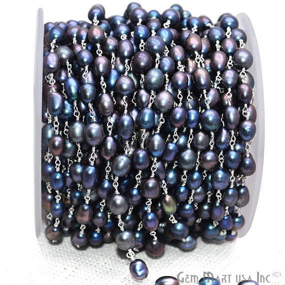 Black Freshwater Pearl 7x5mm Silver Plated Wire Wrapped Gemstone Beads Rosary Chain - GemMartUSA (763956625455)