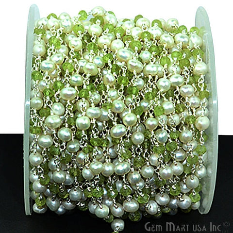 Peridot With Freshwater Pearl Silver Plated Wire Wrapped Beads Rosary Chain - GemMartUSA
