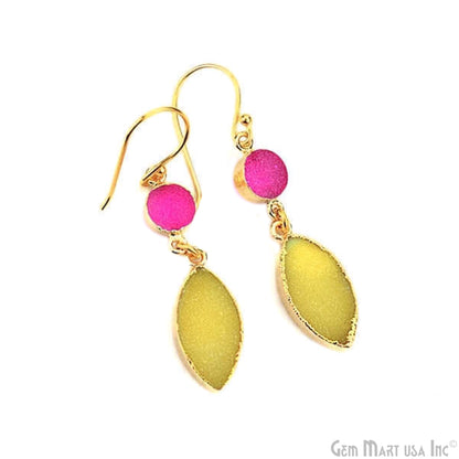 Yellow & Pink Druzy 10x50mm Gold Electroplated Gemstone Dangle Earring