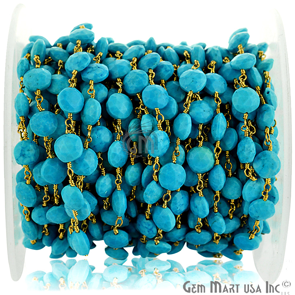 Turquoise Round 7mm Beaded Gold Plated Wire Wrapped Rosary Chain - GemMartUSA