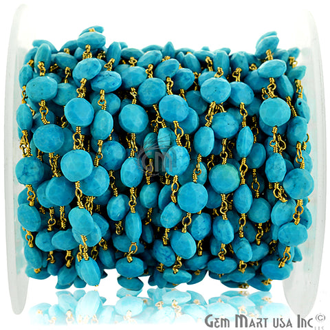 Turquoise Round 7mm Beaded Gold Plated Wire Wrapped Rosary Chain - GemMartUSA