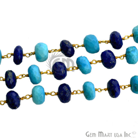 Turquoise With Lapis Beads Gold Plated Wire Wrapped Rosary Chain (763928969263)