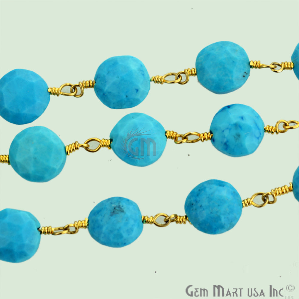 Turquoise Round 7mm Beaded Gold Plated Wire Wrapped Rosary Chain - GemMartUSA