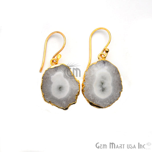 Solar Druzy Gemstone 26x19mm Gold Edge Dangle Hook Earrings - GemMartUSA