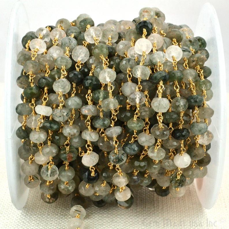 Green Rutilite Beads Chain, Gold Plated Wire Wrapped Rosary Chain (763807072303)