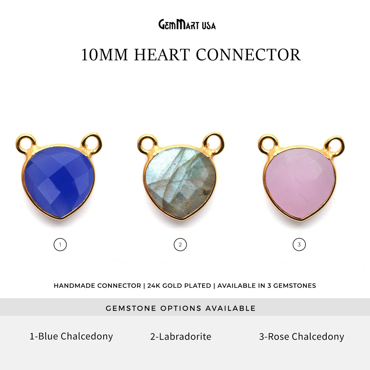 Heart 10mm Gemstone Cat Bail Gold Bezel Connector