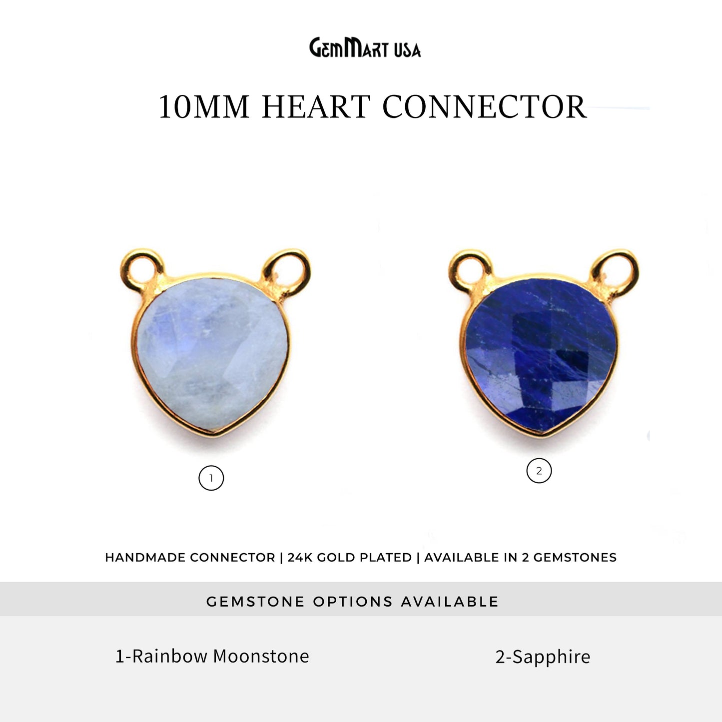 Heart 10mm Gold Bezel Cat Bail Gemstone Connector