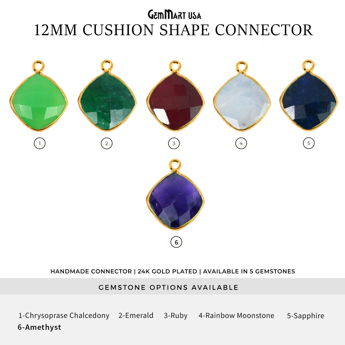 Cushion 12mm Gold Bezel Single Bail Gemstone Connector