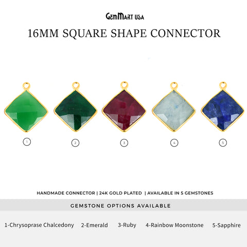 Square 16mm Gold Plated Single Bail Gemstone Connector (Pick Stone & Lot Size)