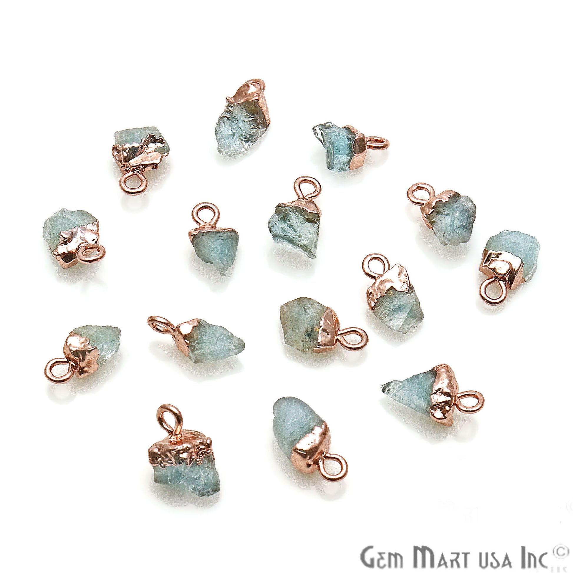 Rough Aquamarine Gemstone 11x5mm Organic Rose Gold Edged Connector - GemMartUSA