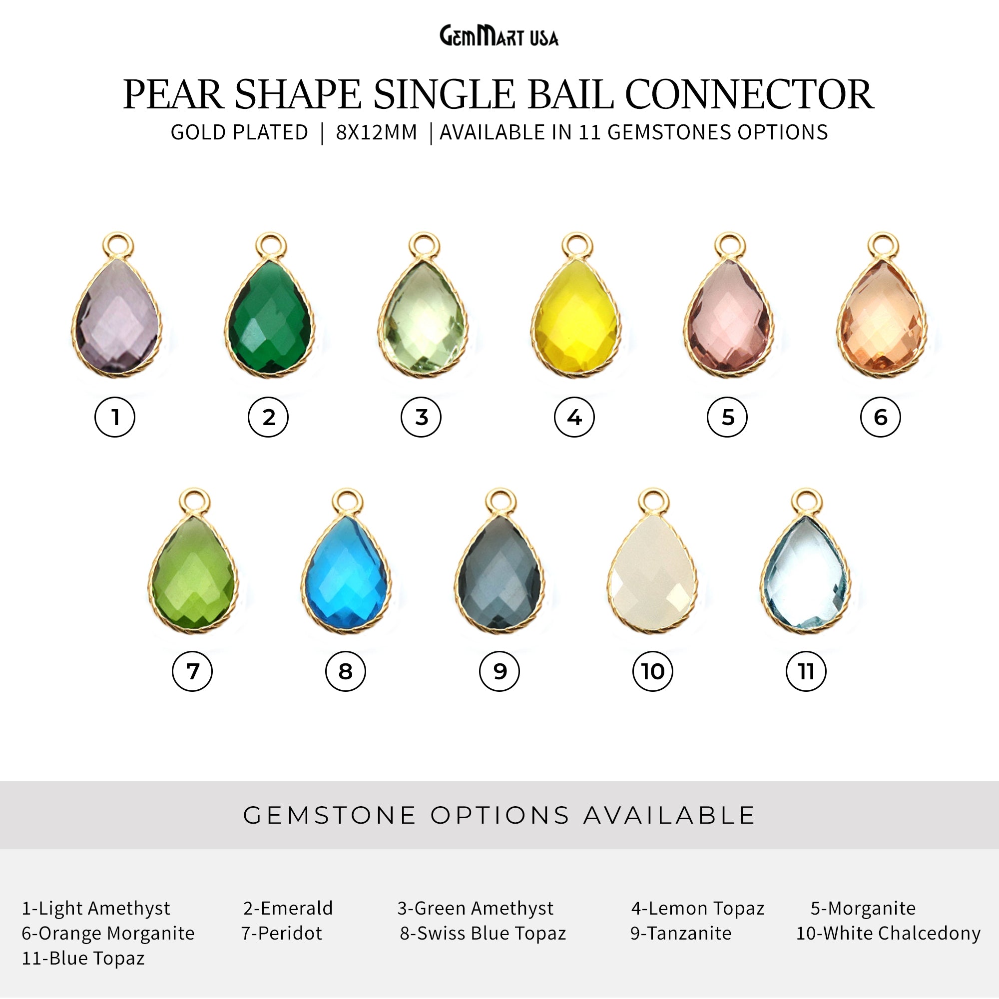 Gemstone Pears 8x12mm Gold Plated Design Bezel Connector