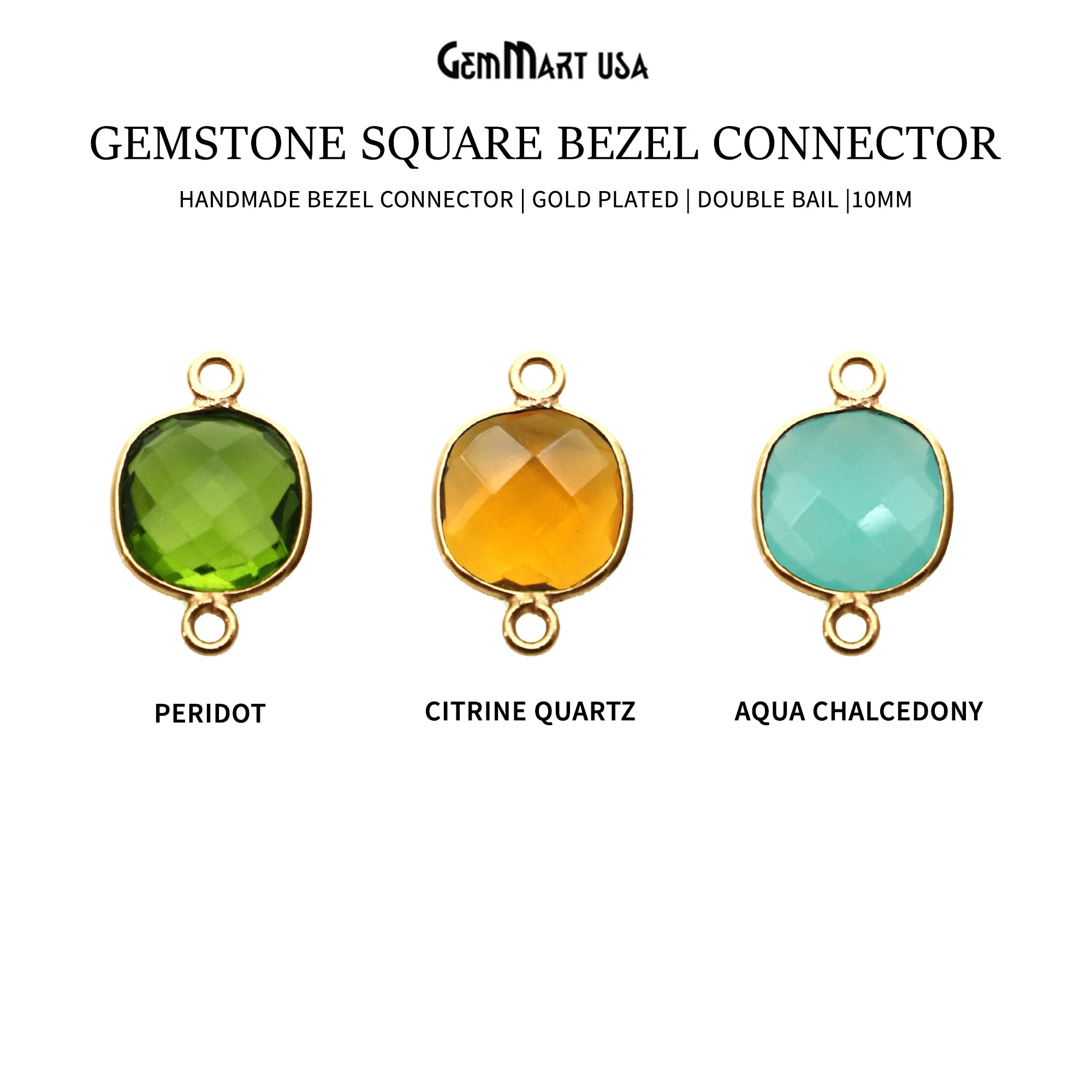 Gemstone Square 10mm Gold Plated Double Bail bezel Gemstone Connector