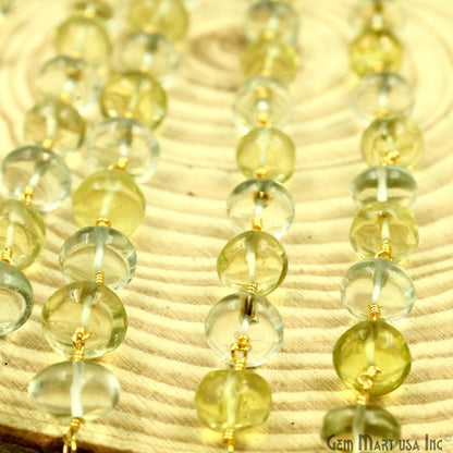 Green Amethyst & Lemon Topaz Cabochon Beads 9-10mm Gold Wire Wrapped Rosary Chain