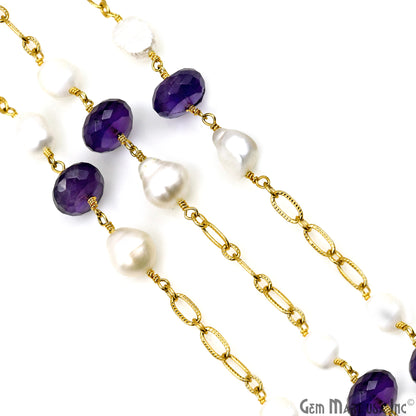 Amethyst & Pearl Round Beads Gold Plated Finding Rosary Chain