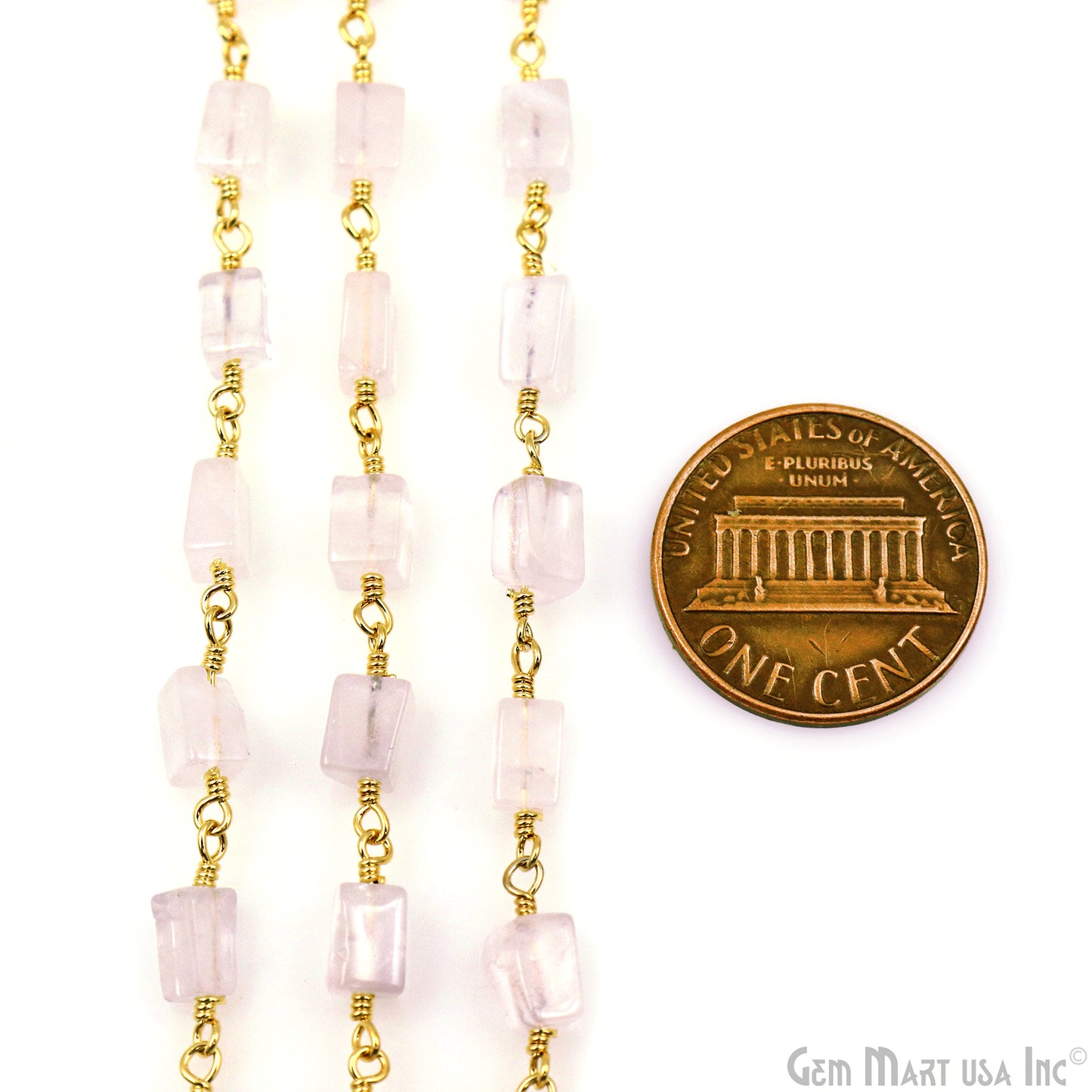 Rose Quartz Tumble Beads 8x5mm Gold Wire Wrapped Rosary Chain