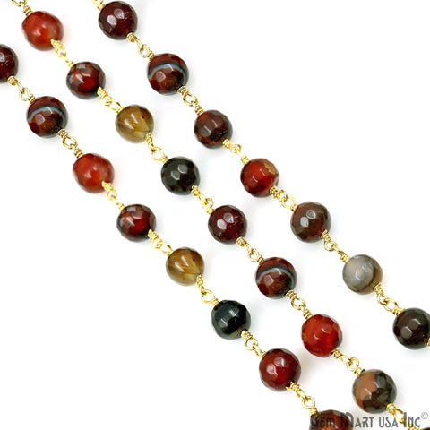 Dark Carnelian Jade Faceted 8mm Gold Plated Wire Wrapped Rosary Chain
