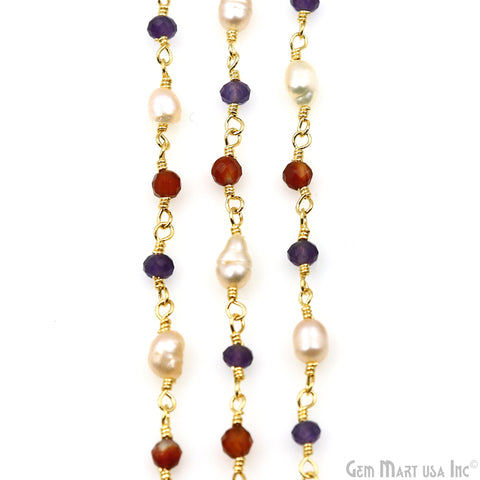 Multistone Faceted Beads With Pearl 3-3.5mm Gold Plated Wire Wrapped Beads Rosary Chain
