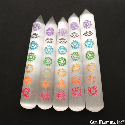 White Selenite Pencil Shape 125x22mm Engraved 7 Chakra Of Life Symbols Healing Meditation Gemstones