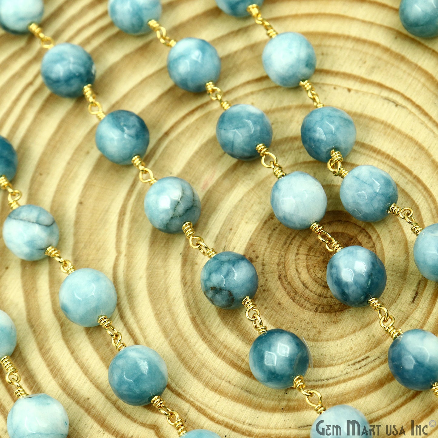 Shaded Turquoise Faceted Beads 10mm Gold Plated Wire Wrapped Rosary Chain