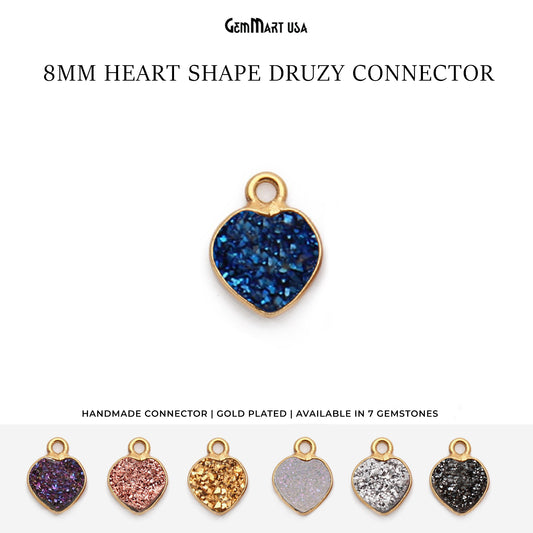 Natural Titanium Druzy 8mm Heart Gold Plated Single Bail Bezel Gemstone Connector