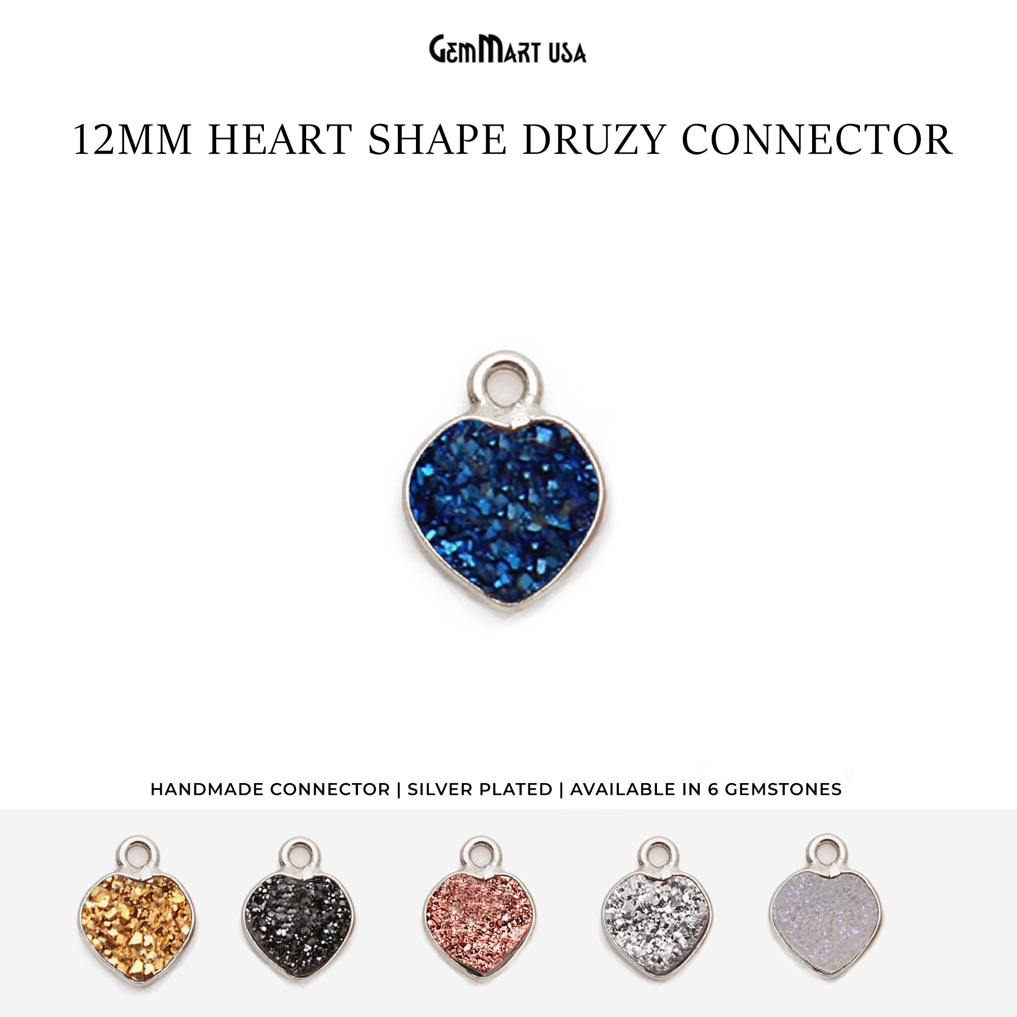 Natural Titanium Druzy 12mm Heart Silver Plated Single Bail Bezel Gemstone Connector
