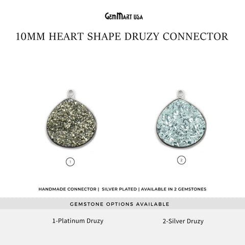 Natural Titanium Druzy 10mm Silver Heart Gemstone Connector