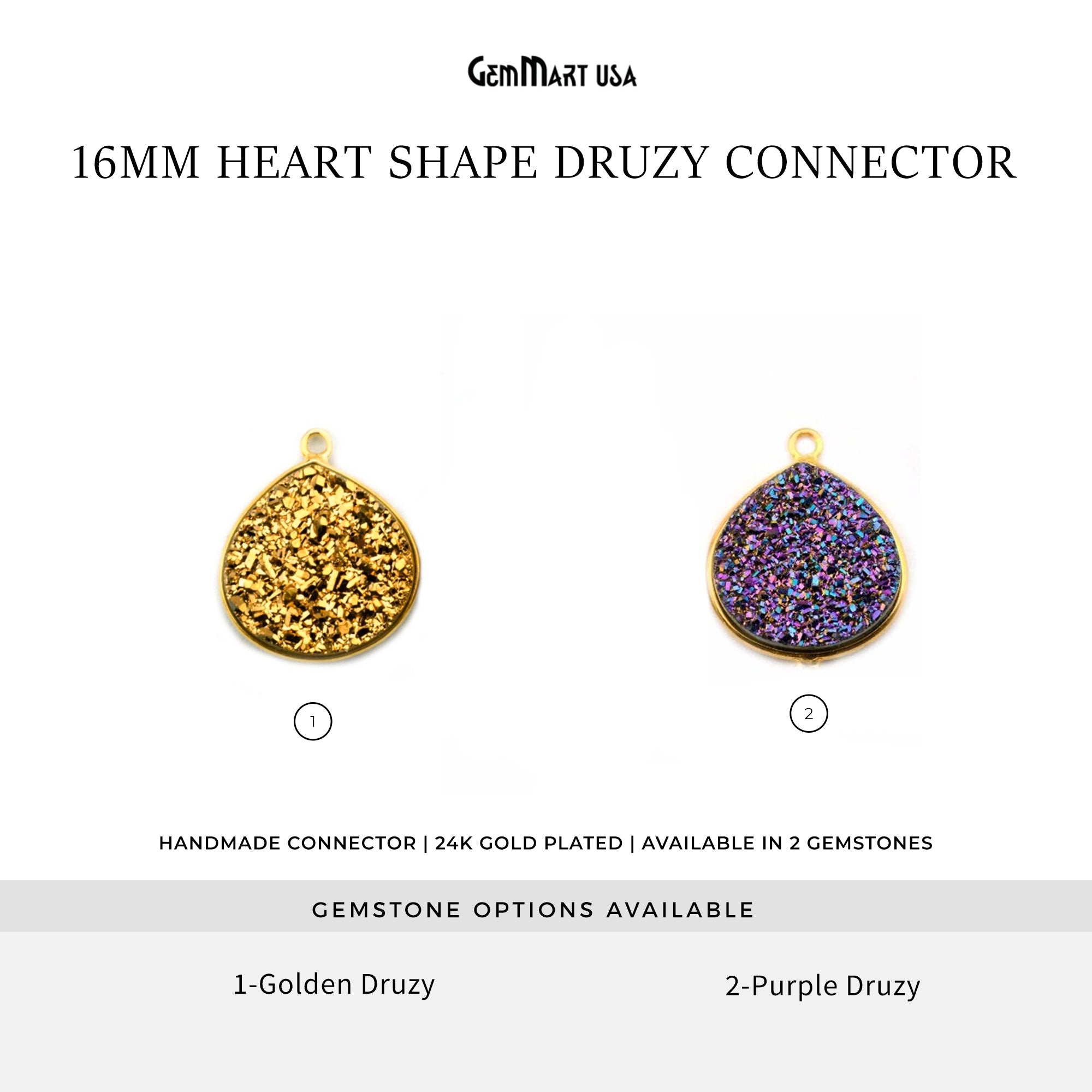Rainbow Titanium Druzy 16mm Heart Shape Single Bail Gold Bezel Gemstone Connector