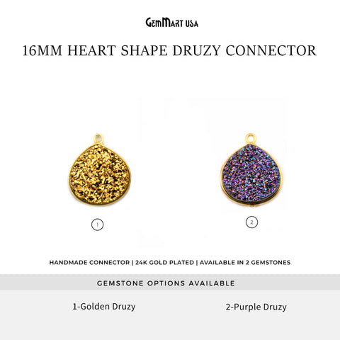 Rainbow Titanium Druzy 16mm Heart Shape Single Bail Gold Bezel Gemstone Connector