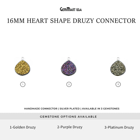 Titanium Druzy 16mm Heart Shape Single Bail Silver Plated Gemstone Connector