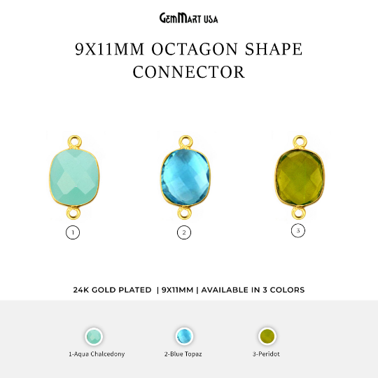Octagon 9x11mm Double Bail Gold Bezel Gemstone Connector