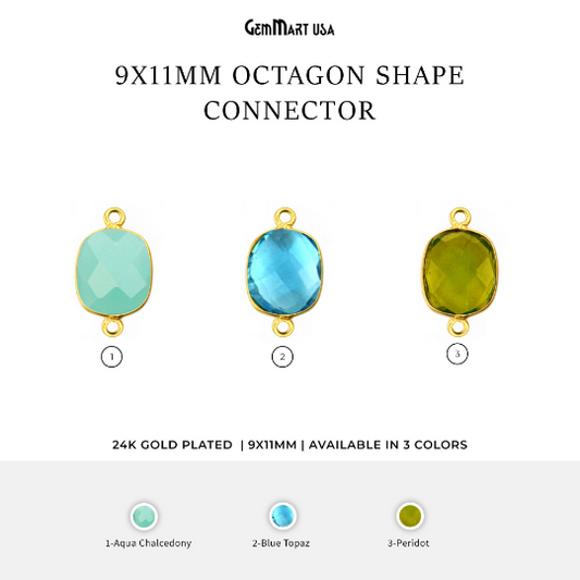 Octagon 9x11mm Double Bail Gold Bezel Gemstone Connector