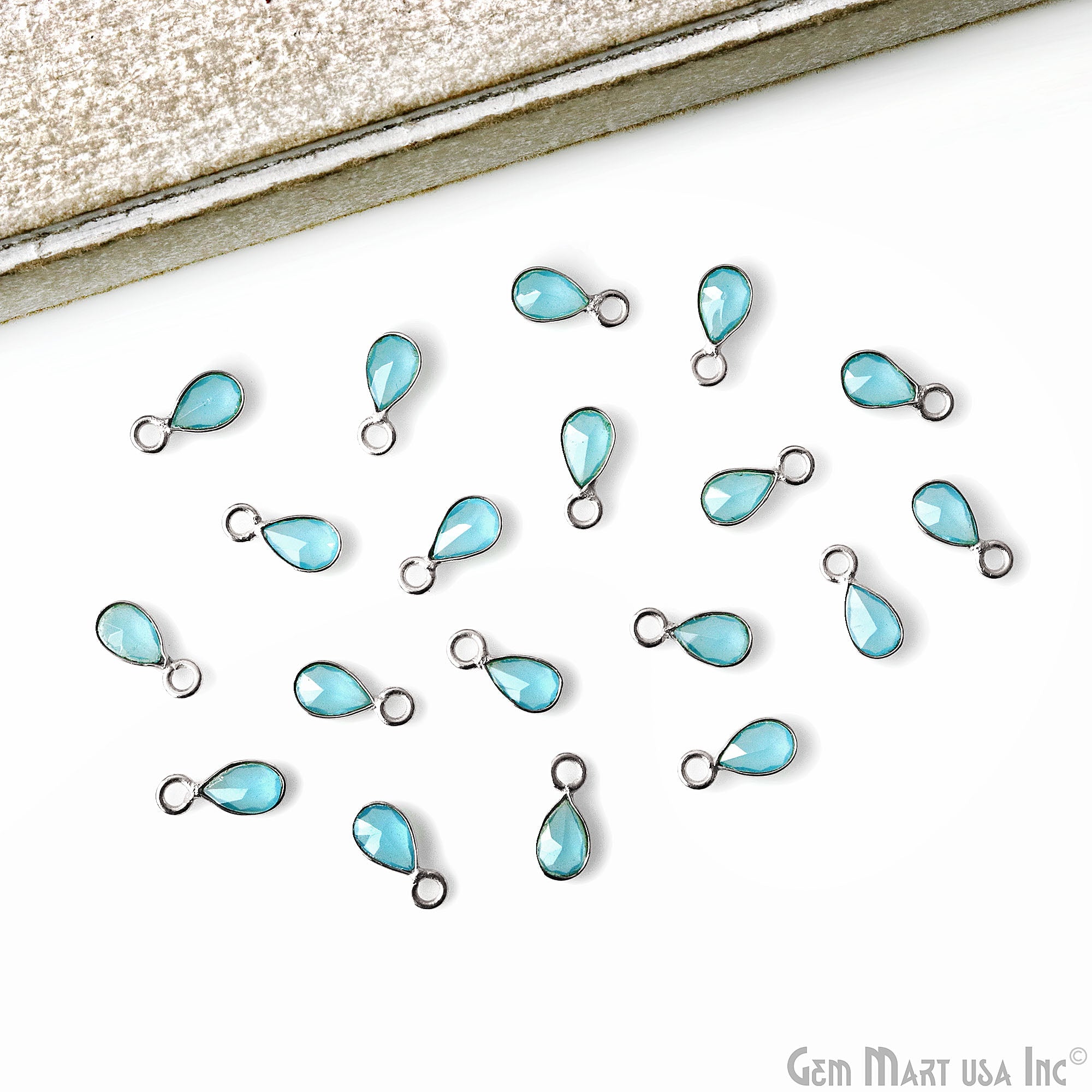 5pc Lot Sky Blue Chalcedony Pears 4x3mm Silver Plated Single Bail Brilliant Cut Gemstone Connector