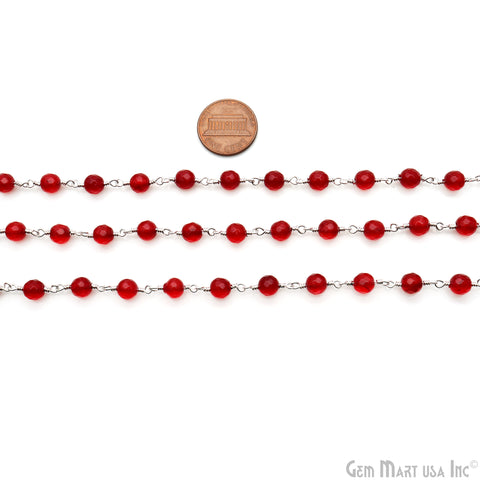 Red Jade Faceted 6mm Silver Wire Wrapped Rosary Chain
